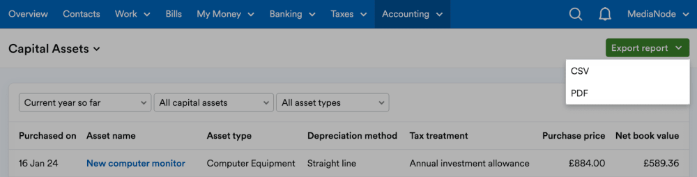 CSV and PDF options in a drop-down menu from ‘Export report’ on the Capital Assets page.