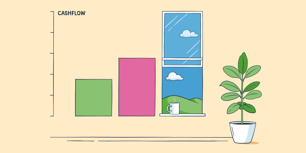 An illustration of a bar chart, with the third bar styled as an open window with a view of green hills in the distance