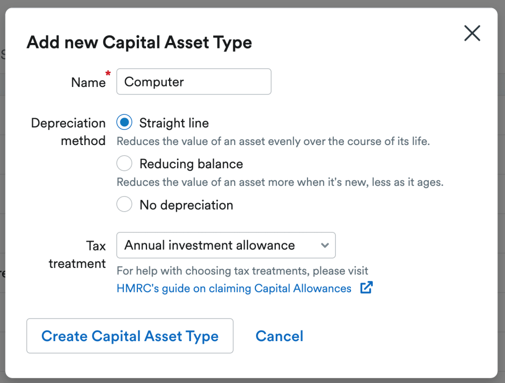 Depreciation method and tax treatment selected as default for new Capital Asset type.