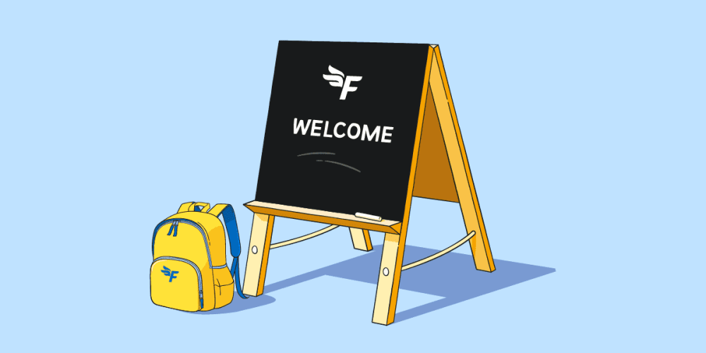 Illustration of a FreeAgent backpack next to a blackboard with "welcome" chalked on.