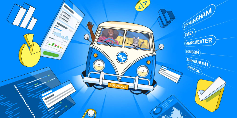 Illustration of a flying blue and white VW bus with yellow interior, past financial charts and alongside a list of all the locations of the roadshow.