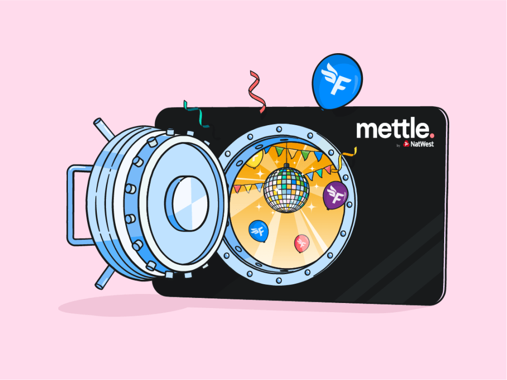 Black Mettle bank card with an open vault door in the center, revealing a party inside with a disco ball and balloons. A balloon with the FreeAgent logo floats above.