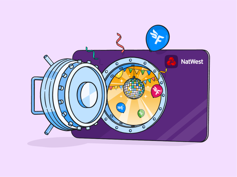 Purple NatWest bank card with an open vault door in the center, revealing a party inside with a disco ball and balloons. A balloon with the FreeAgent logo floats above.