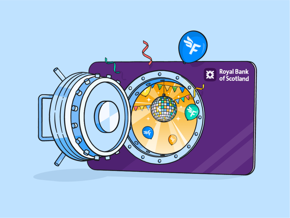 Purple Royal Bank of Scotland bank card with an open vault door in the center, revealing a party inside with a disco ball and balloons. A balloon with the FreeAgent logo floats above.