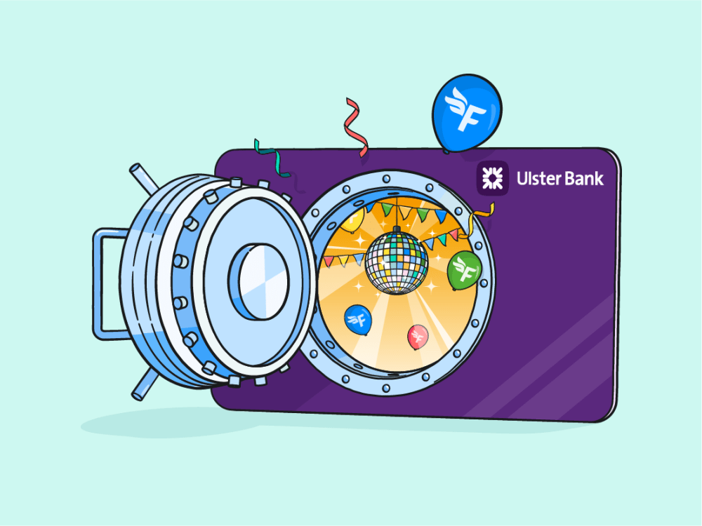 Purple Ulster Bank bank card with an open vault door in the center, revealing a party inside with a disco ball and balloons. A balloon with the FreeAgent logo floats above.