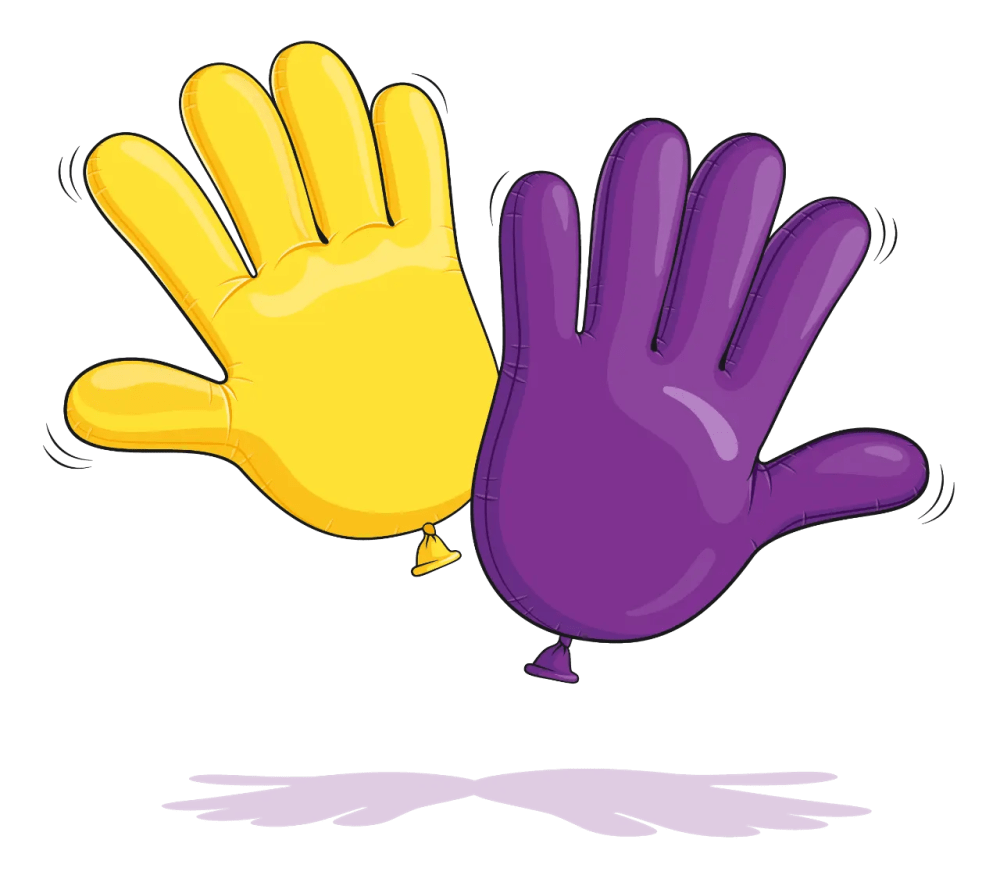 Illustration of two balloons in the shape of hands giving each other a high-five.