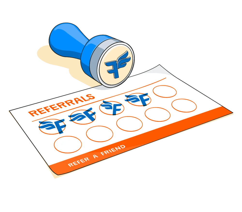 Illustration of a rubber stamp and stampcard labelled Referrals. Four of the ten rings have been stamped