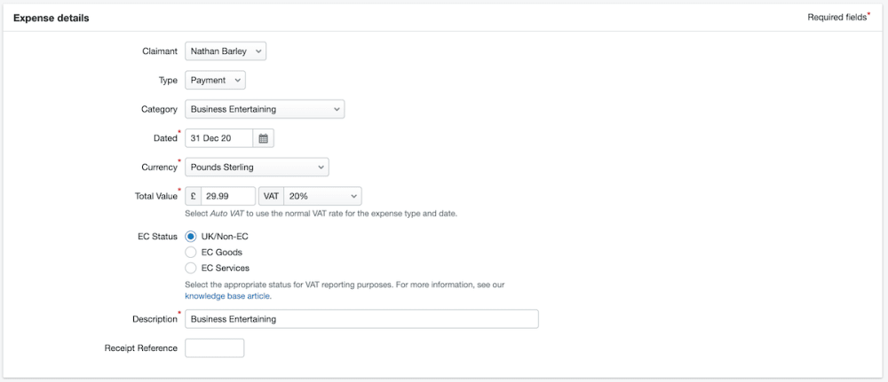 expense details form in FreeAgent