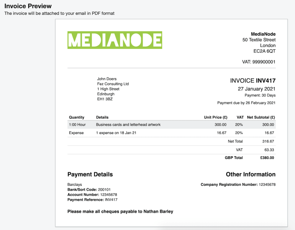 Invoice preview with VAT charged in FreeAgent.