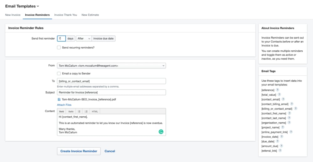 Email invoice reminders in FreeAgent
