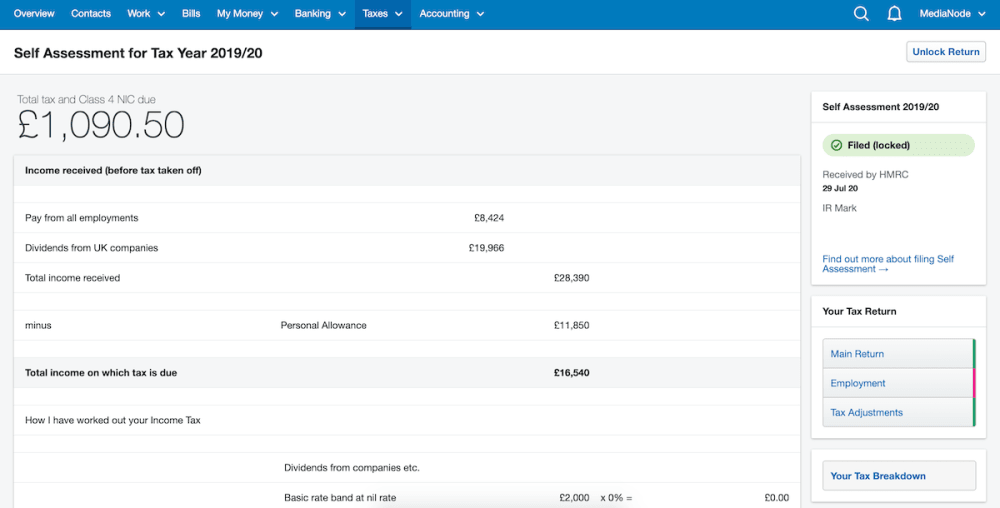 Tax breakdown in FreeAgent.