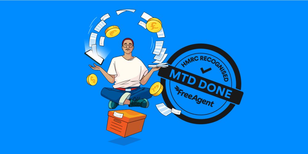 A person with a calm expression on their face sits cross-legged in a meditation-like pose with palms facing upward. They are levitating above a box of files and they are in control of all the paperwork and cash circling above their head. A FreeAgent MTD Done logo stamp is beside them.