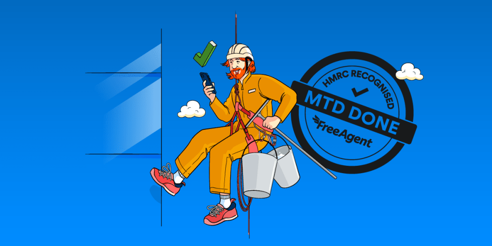 A window cleaner who's dangling from a harness and ropes outside a building is smiling because he's just filed a MTD quarterly update from his mobile.