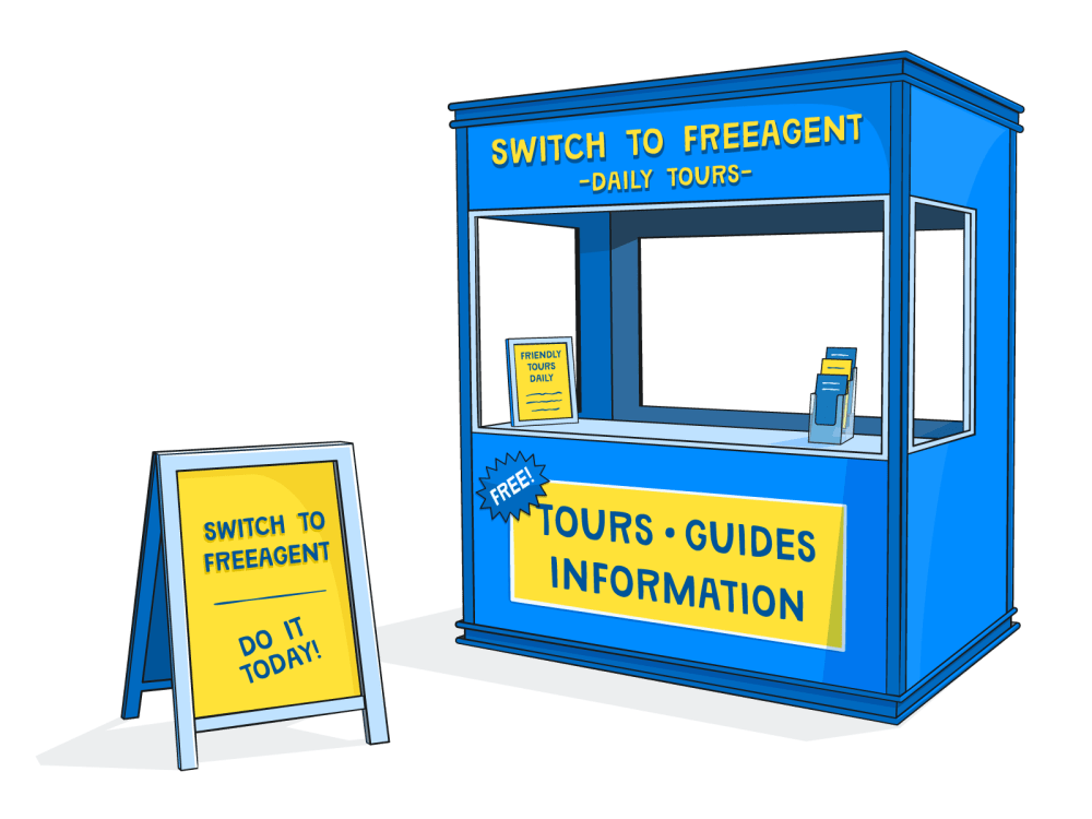 A tour guide information stand with Switch to FreeAgent signage.