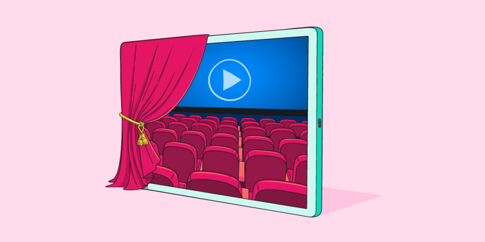 A movie theatre being unveiled by a curtain, displaying a play icon.