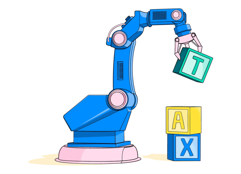 An illustration of a robot arms stacking building blocks with letters on their sides to read 'TAX'