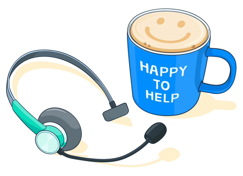 An illustration of a headset and a tea mug with the words 'happy to help' on its side