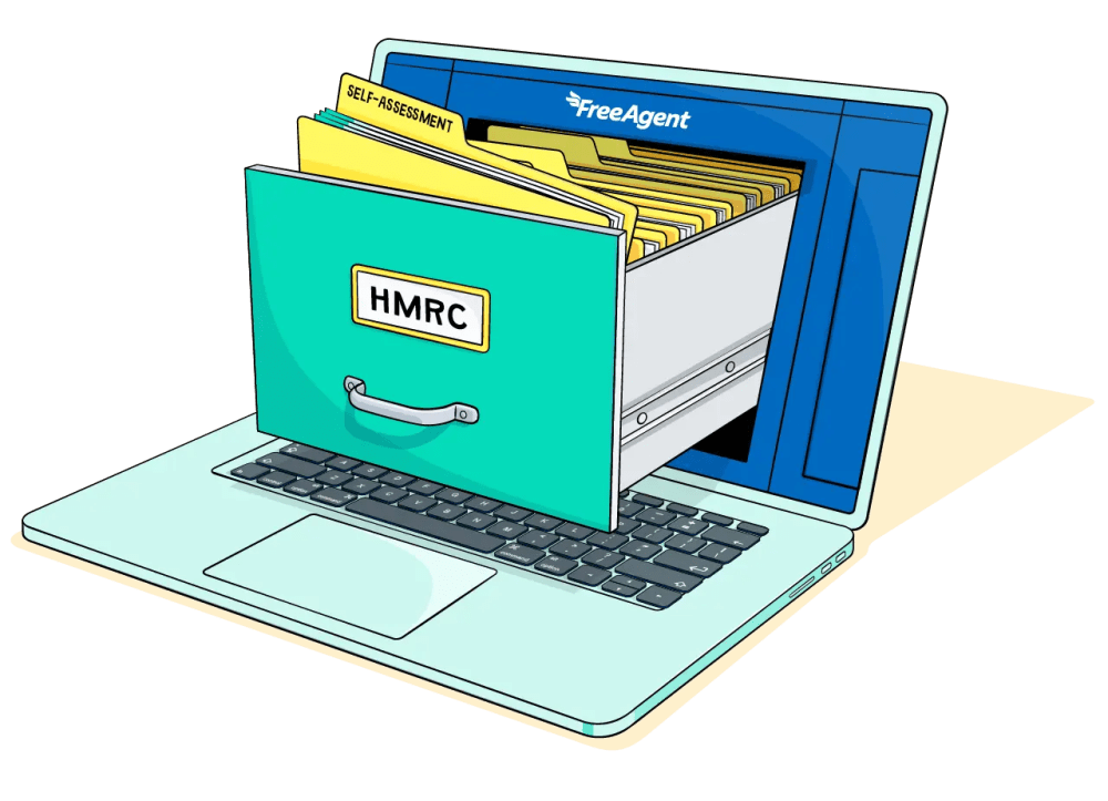 An illustration of a laptop with a green filling cabinet drawer emerging from the screen that is labelled 'HMRC'