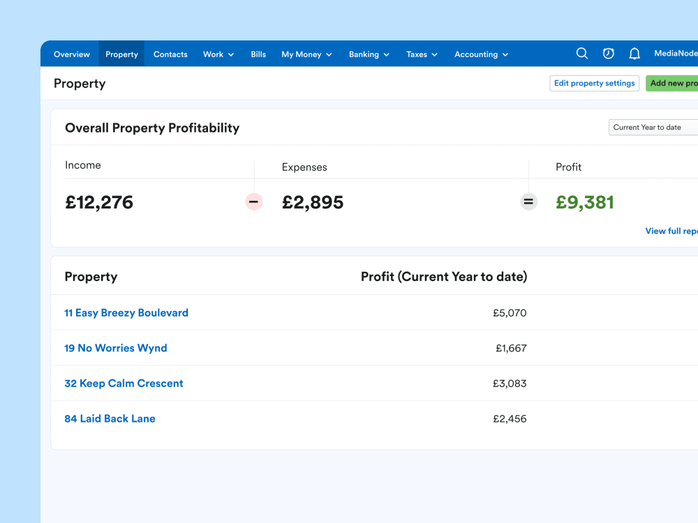 The property overview page of the FreeAgent app showing overall property profitability and a split by individual properties.