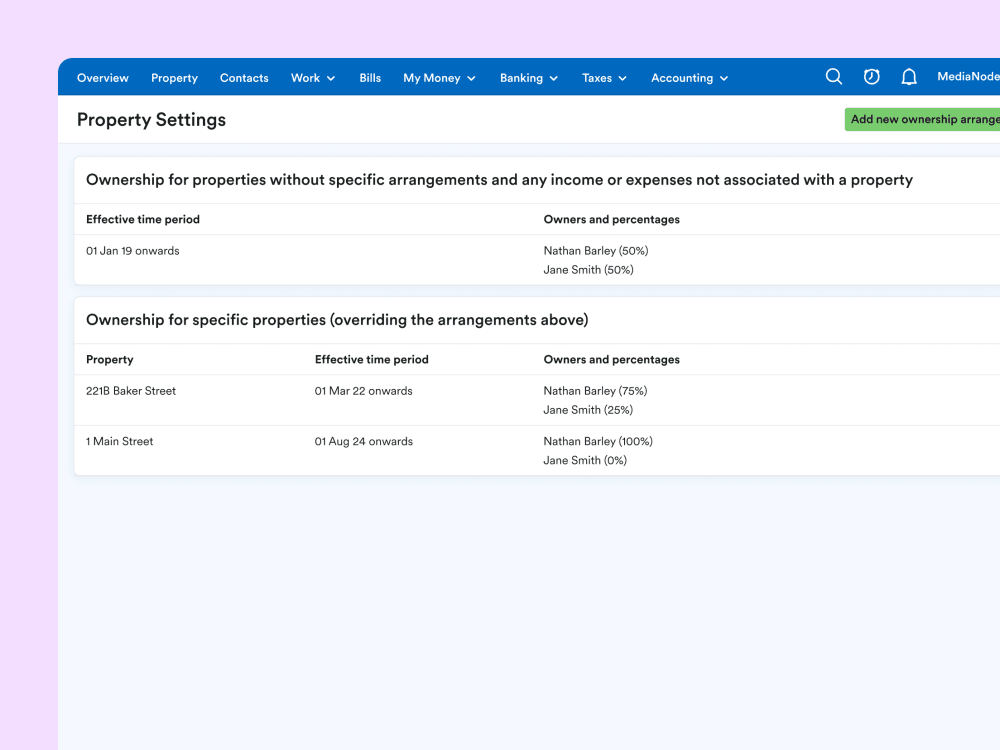 The property settings page of the FreeAgent app showing the ownership split for two properties.