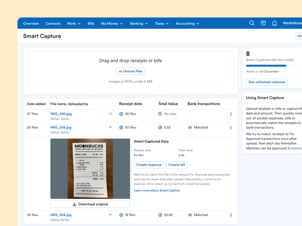 The Smart Capture screen of the FreeAgent app showing an uploaded receipt for coffee from Moonbucks.
