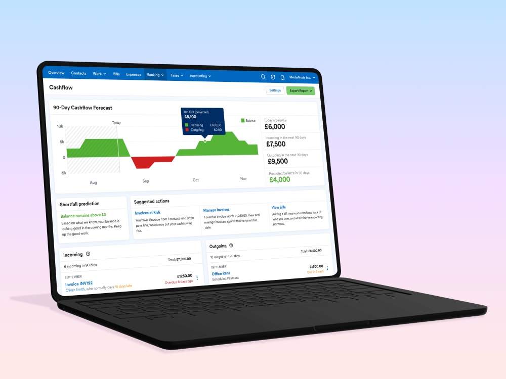 Laptop device displaying the FreeAgent 'Cashflow' screen user interface.