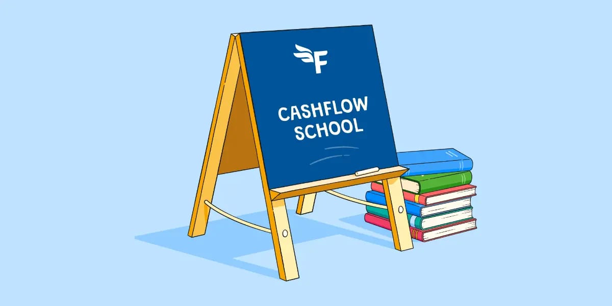 Illustration of a small easel blackboard with 'Cashflow School' written in chalk. A pile of books sits on the floor next to the easel.