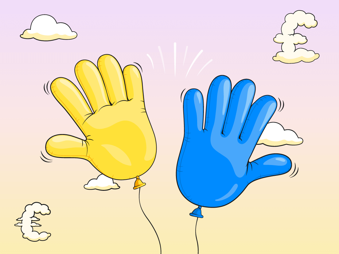 Illustration of two balloons shaped like hands high-fiving