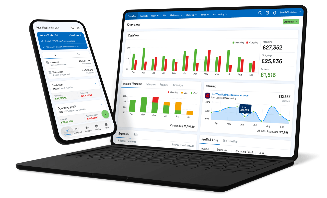 Mobile phone and laptop displaying the FreeAgent application.