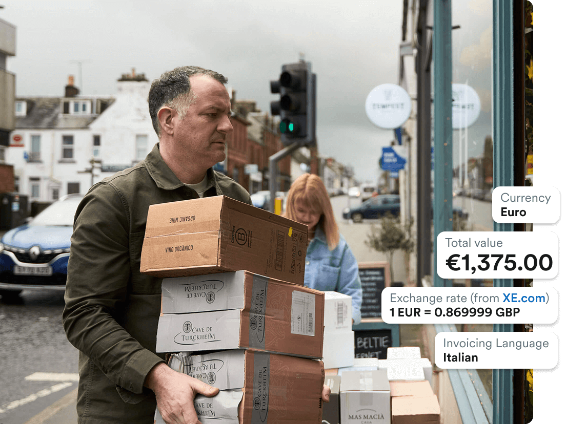 Photo of Chris Bain and Lynsey Hogg from Harris & Co carrying boxes with Italian labels.
