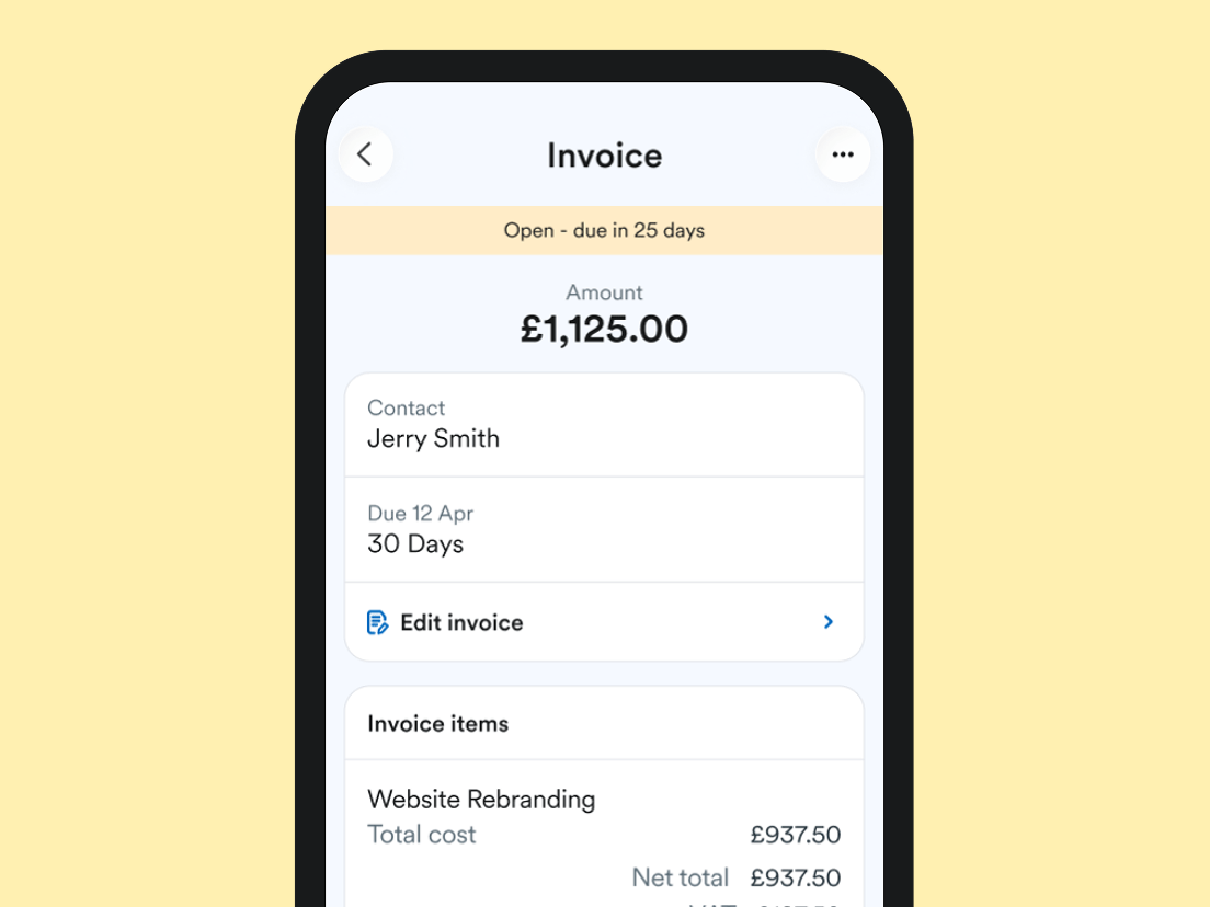 A FreeAgent mobile app screen showing an invoice