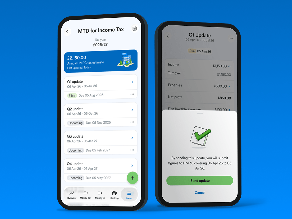 Two phones showing MTD for Income Tax screens in the FreeAgent mobile app