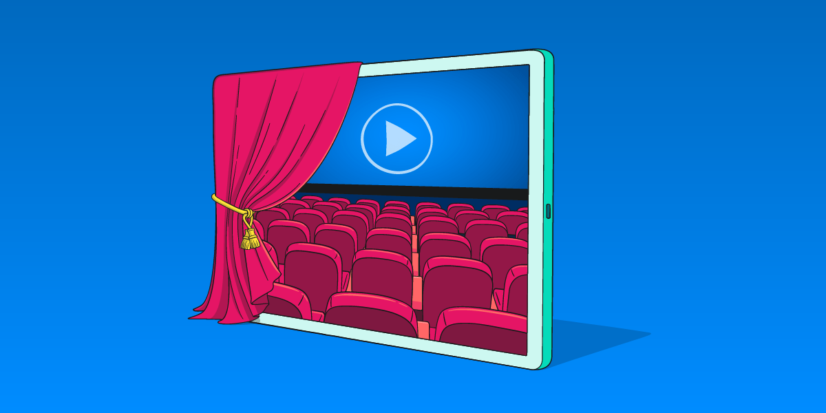 Illustration of a tablet with cinema seating displayed on the screen. 