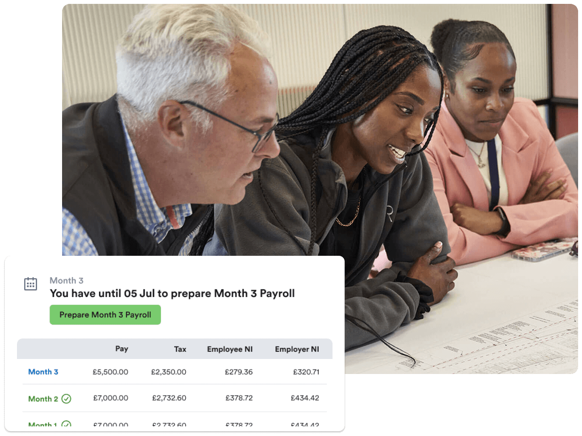 A businesswoman analysing documents, with a digital payroll dashboard superimposed over the scene.