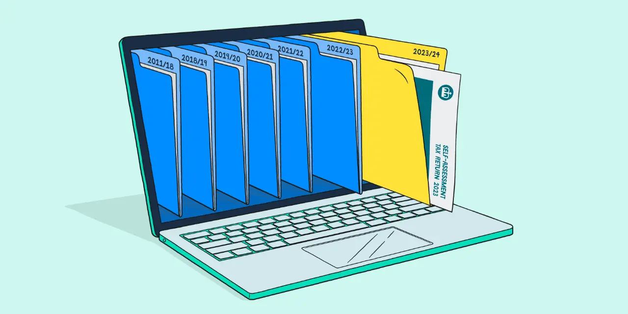 Illustration of a laptop with the file folder containing a 23/24 Self Assessment return sticking out of the screen
