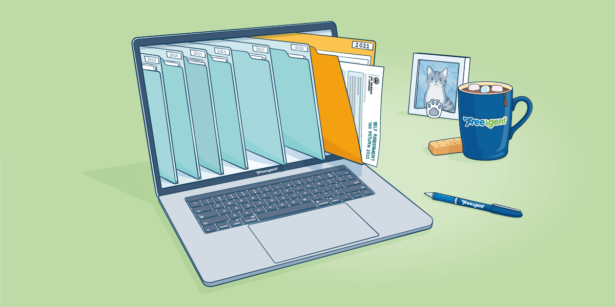 Illustration of a laptop with traditional paper files stacked horizontally within the screen much like a traditional filing cabinet. Desk accessories sit to the side including a photograph of a cat, a mug of hot chocolate with marshmallows, a biscuit, and a pen. 