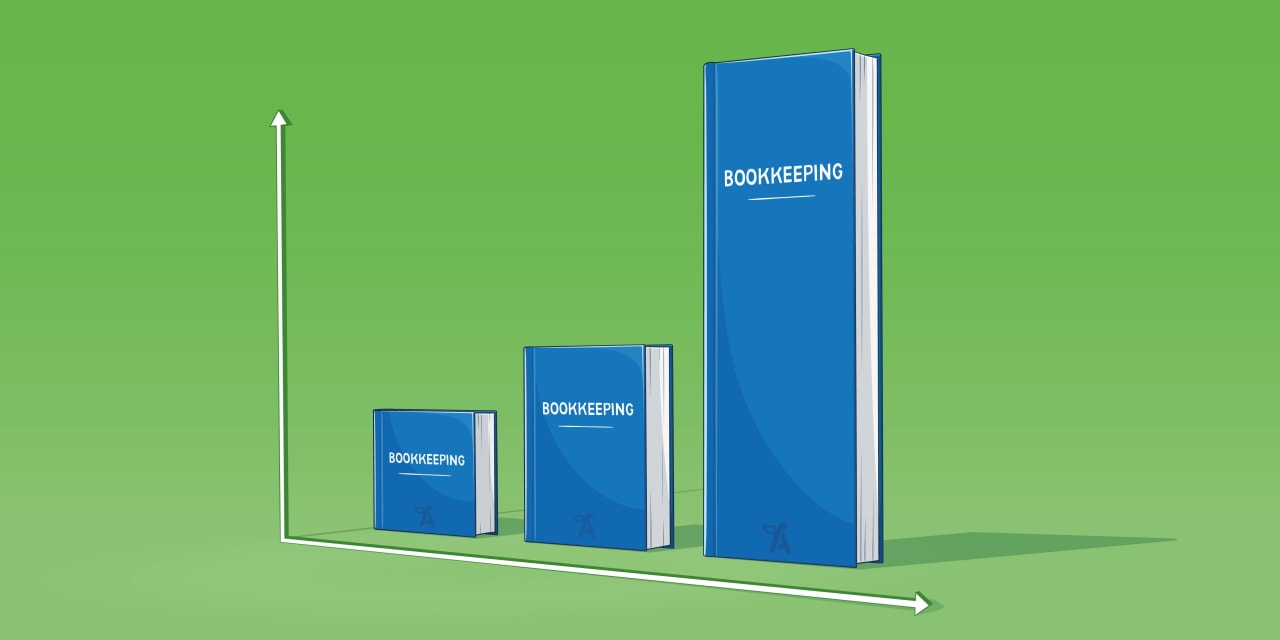 Illustration of a bar chart where each bar is represented by books of varying height labelled "Bookkeeping". 