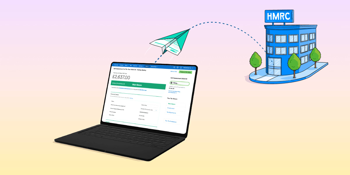 An illustration of a paper plane flying to the HMRC offices from a laptop's FreeAgent Self Assessment page 