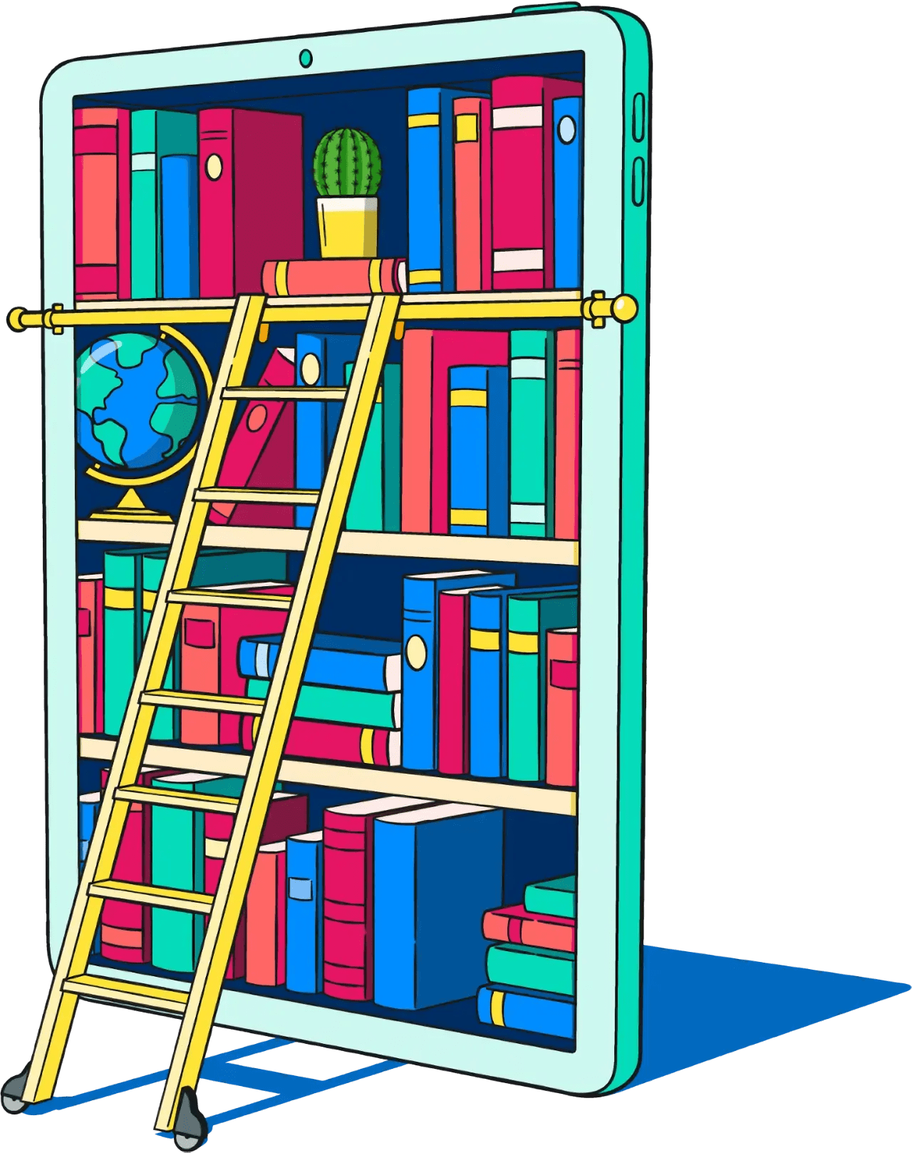 A bookshelf filled with neatly stacked books of various sizes and colours. The bookshelf is embedded within a mobile device frame. A ladder is attached to the bookshelf, giving access to the top shelves.