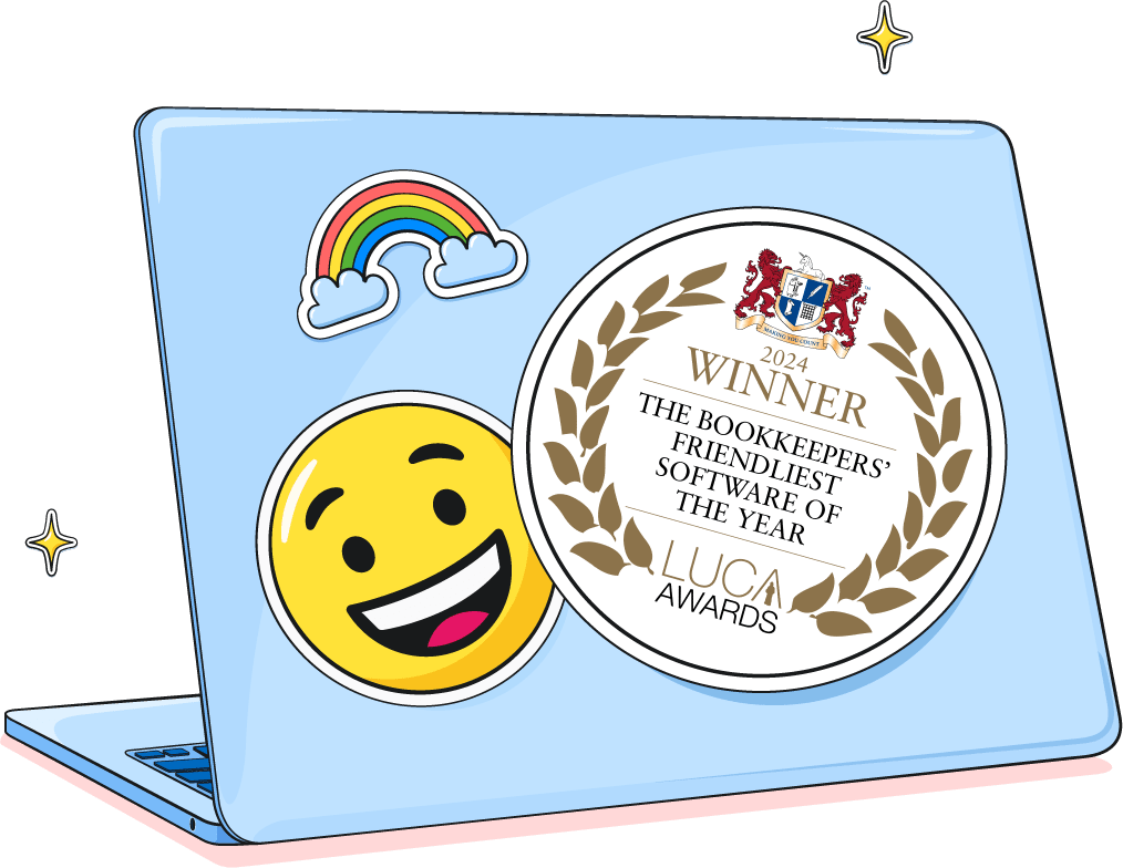 A laptop with a FreeAgent logo sticker, a smiley face sticker and a sticker reading '2024 Winner The Bookkeepers' Friendliest Software of the Year Luca Awards' on it