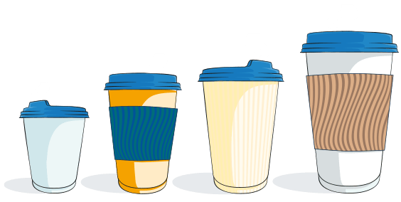 Four cups of hot coffee in different sizes, arranged in a row from smallest to largest, with steam rising.