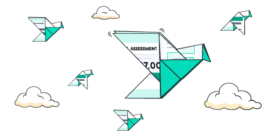 A flock of paper birds made from self-assessment forms flying through the sky, with scattered white clouds in the background.