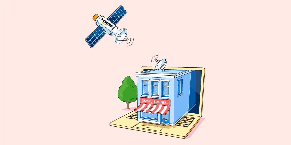 Illustration of a laptop with a small store front protruding from the screen sitting atop the keyboard. There is an awning above the front window underneath a sign which reads 'Small business'. Atop the building there is a satellite dish sending a signal to an orbital satellite with the Amazon logo on its side.