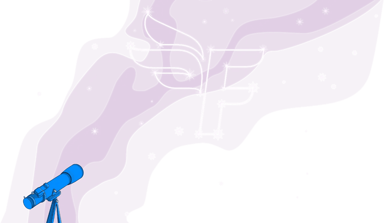 Illustration of a telescope pointed at the stars, some of which join to form the FreeAgent logo mark.