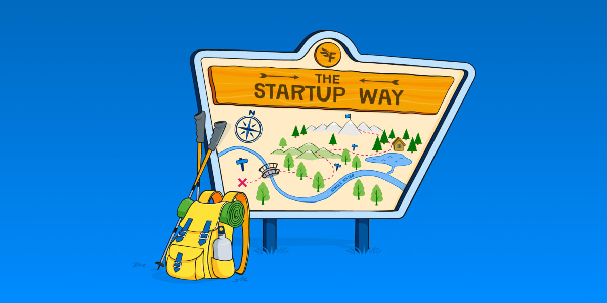 An illustration of a forest trail with 'The Startup Way' written across the top on a wooden block, with a map underneath. 