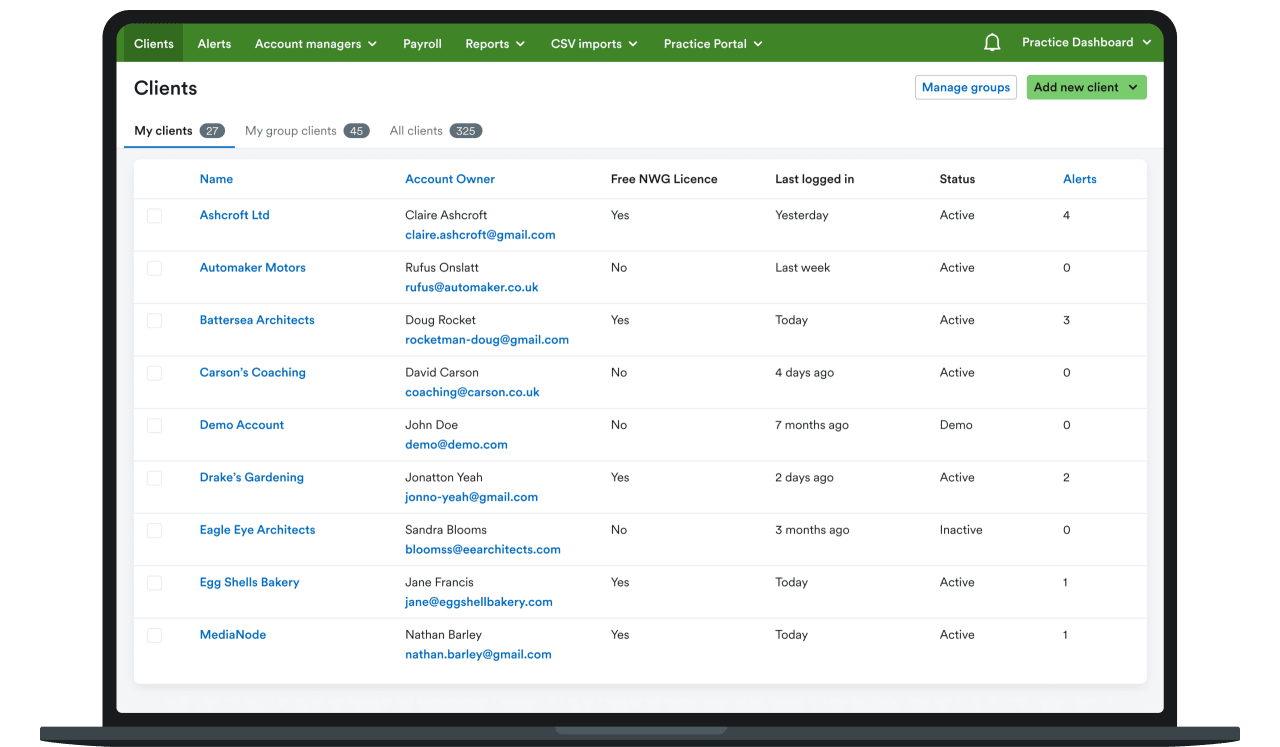 Laptop displaying the FreeAgent Practice Dashboard user interface.