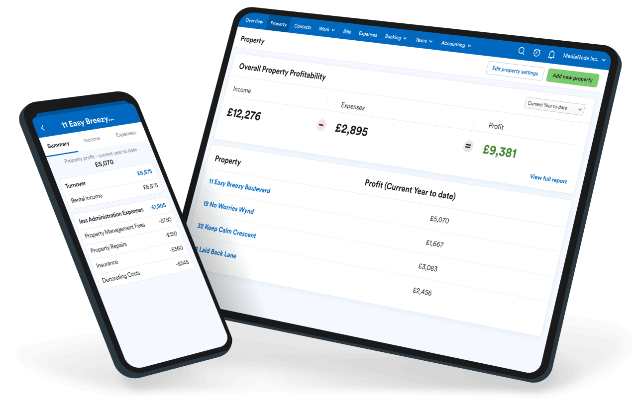 Tablet and mobile devices displaying the FreeAgent 'Property' view.