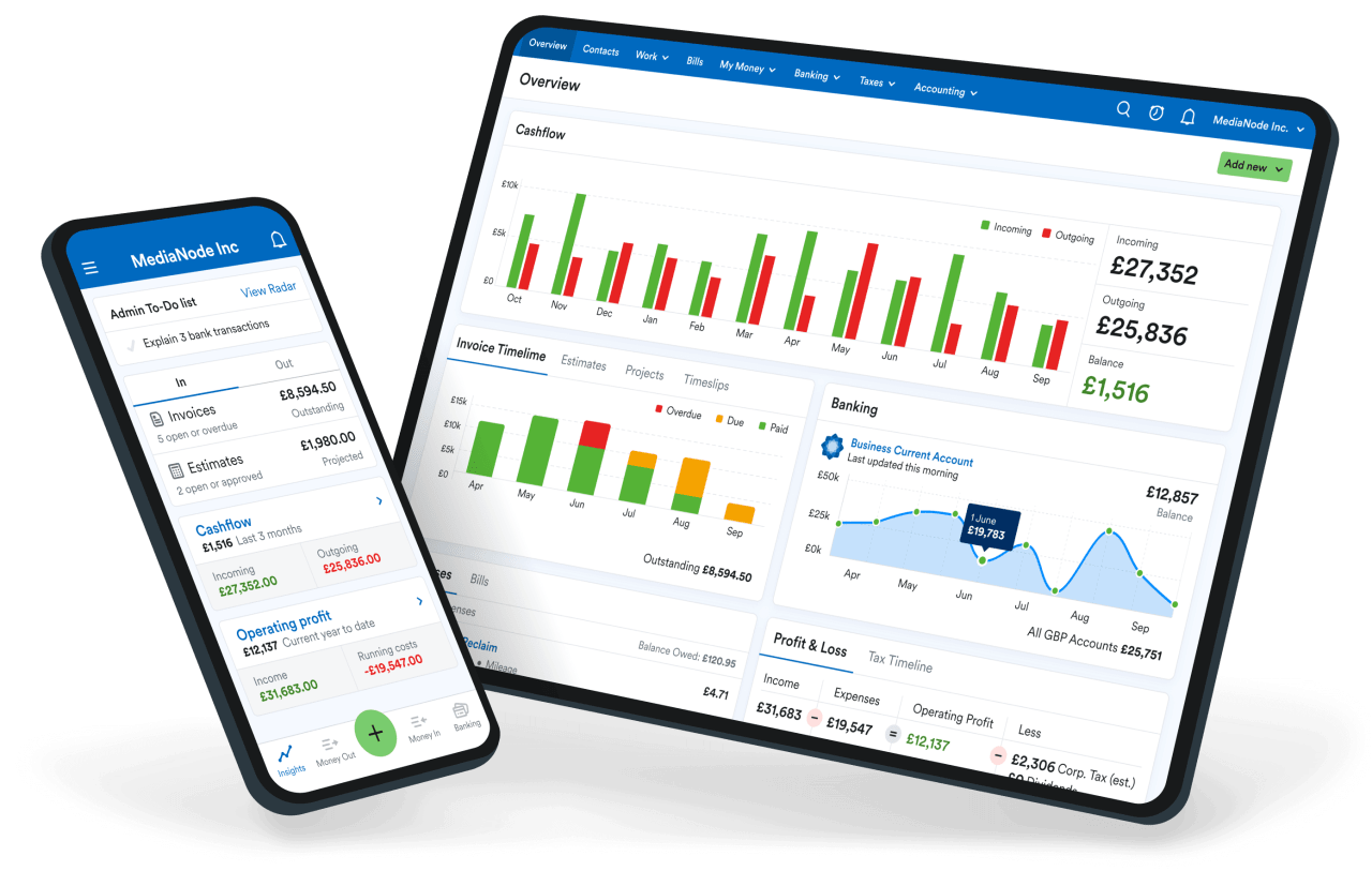 Mobile phone and laptop displaying the FreeAgent application.