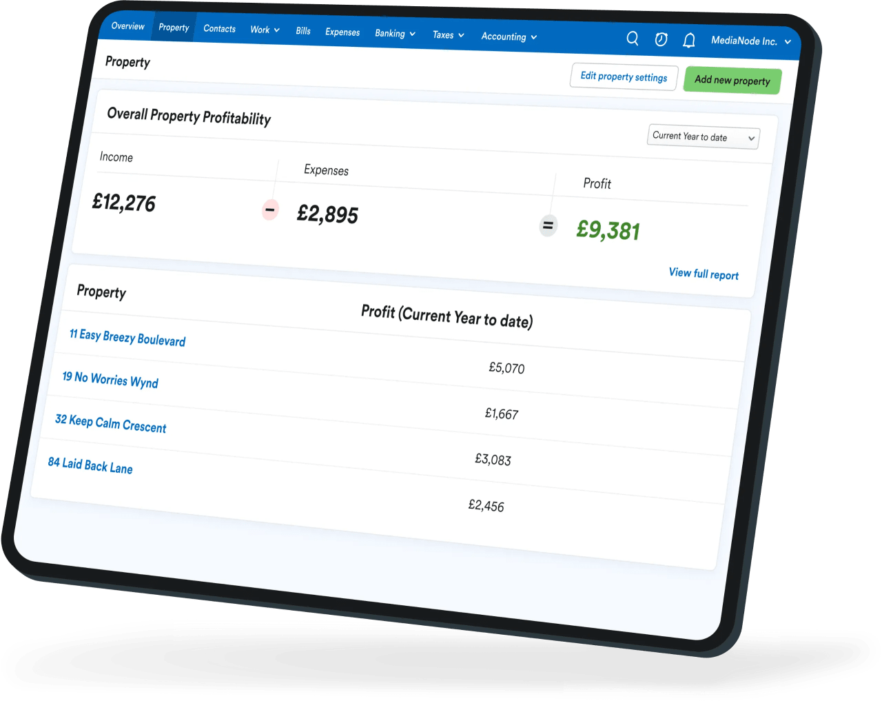 Tablet device displaying the FreeAgent 'Property' screen user interface.