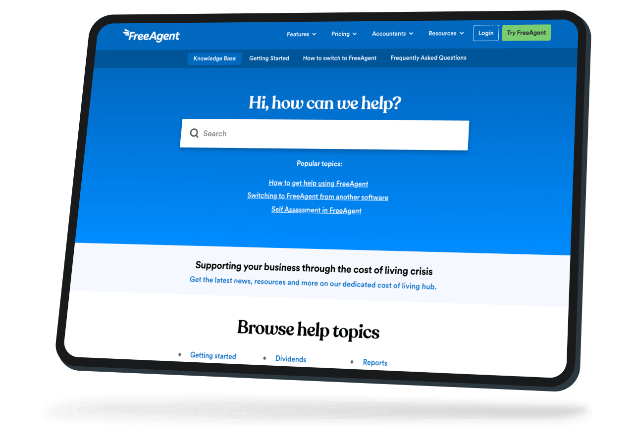 Tablet device displaying the FreeAgent Knowledge Base.
